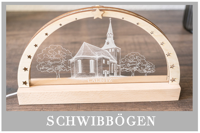 Moderner Schwibbogen aus Sperrholz und Acryl mit LED-Beleuchtung, Ortsmotiv Kirche Calbitz