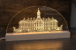 Preview: Warmweiß leuchtende LED Acrylglas-Lampe mit Gravur von Schloss Hubertusburg auf Holzsockel