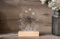 Preview: LED Osterlampe aus Acrylglas mit Hasenmotiv im Osterei, Blumen und Schmetterlingen auf Holzsockel, warmweiß beleuchtet
