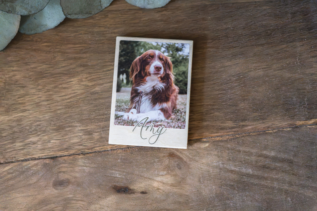 Foto-Magnet aus Birkenholz mit Hundefoto und Namen 