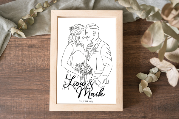 Preview: Brautpaar Holzschild mit personalisierter Zeichnung & 3D-Schriftzug – Hochzeitsgeschenk aus Eschenholz