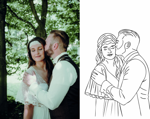 Preview: Brautpaar Holzschild mit personalisierter Zeichnung & 3D-Schriftzug – Hochzeitsgeschenk aus Eschenholz