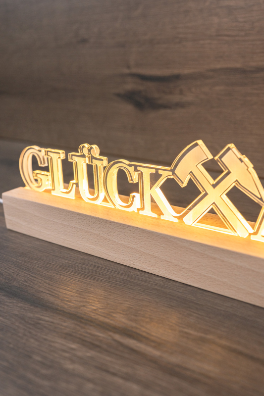 LED-Acrylglaslampe mit Holzsockel: Schriftzug „GLÜCK AUF“ mit Schlägel & Eisen, warmweißes Licht (USB).