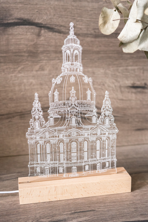 LED Acryl Lampe mit Frauenkirche Dresden auf Holzsockel, warmweißes Licht, USB-Kirchelampe als Deko und HeimatgeschenkL