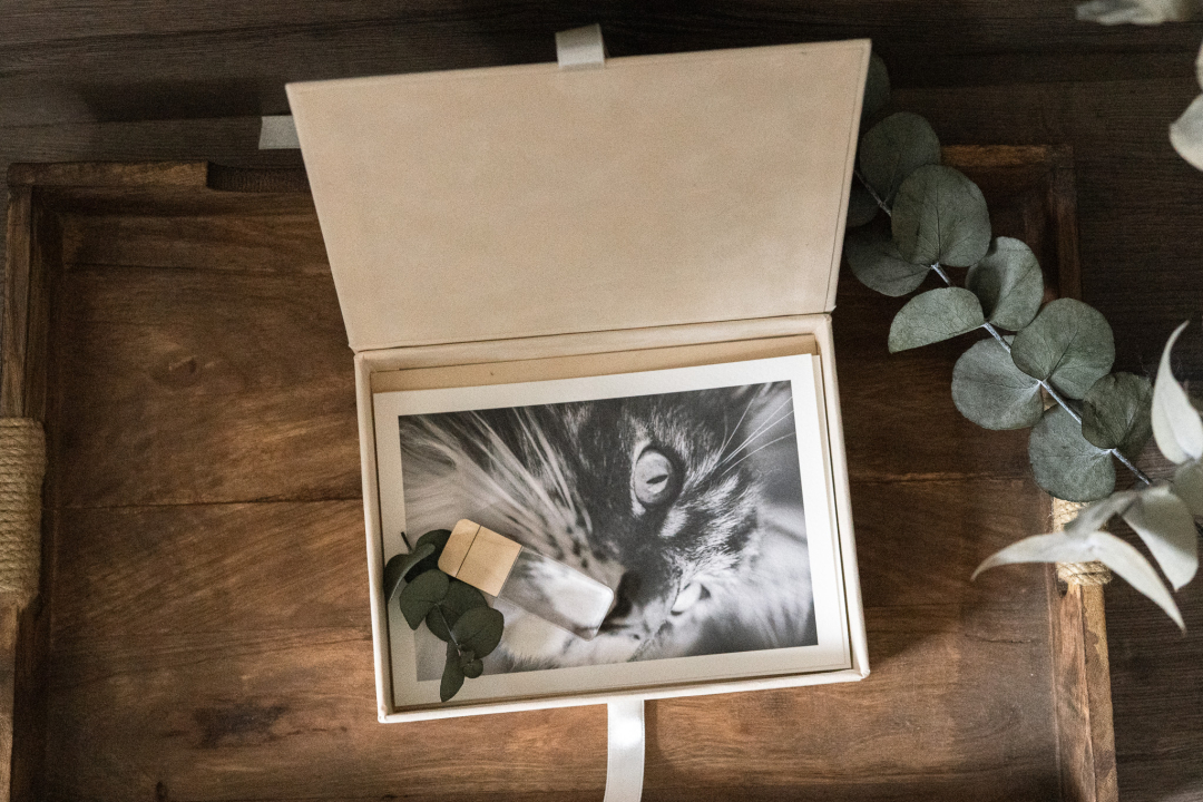 Fotoschachtel aus Samt mit Satinband und Lasergravur nach Vorlage